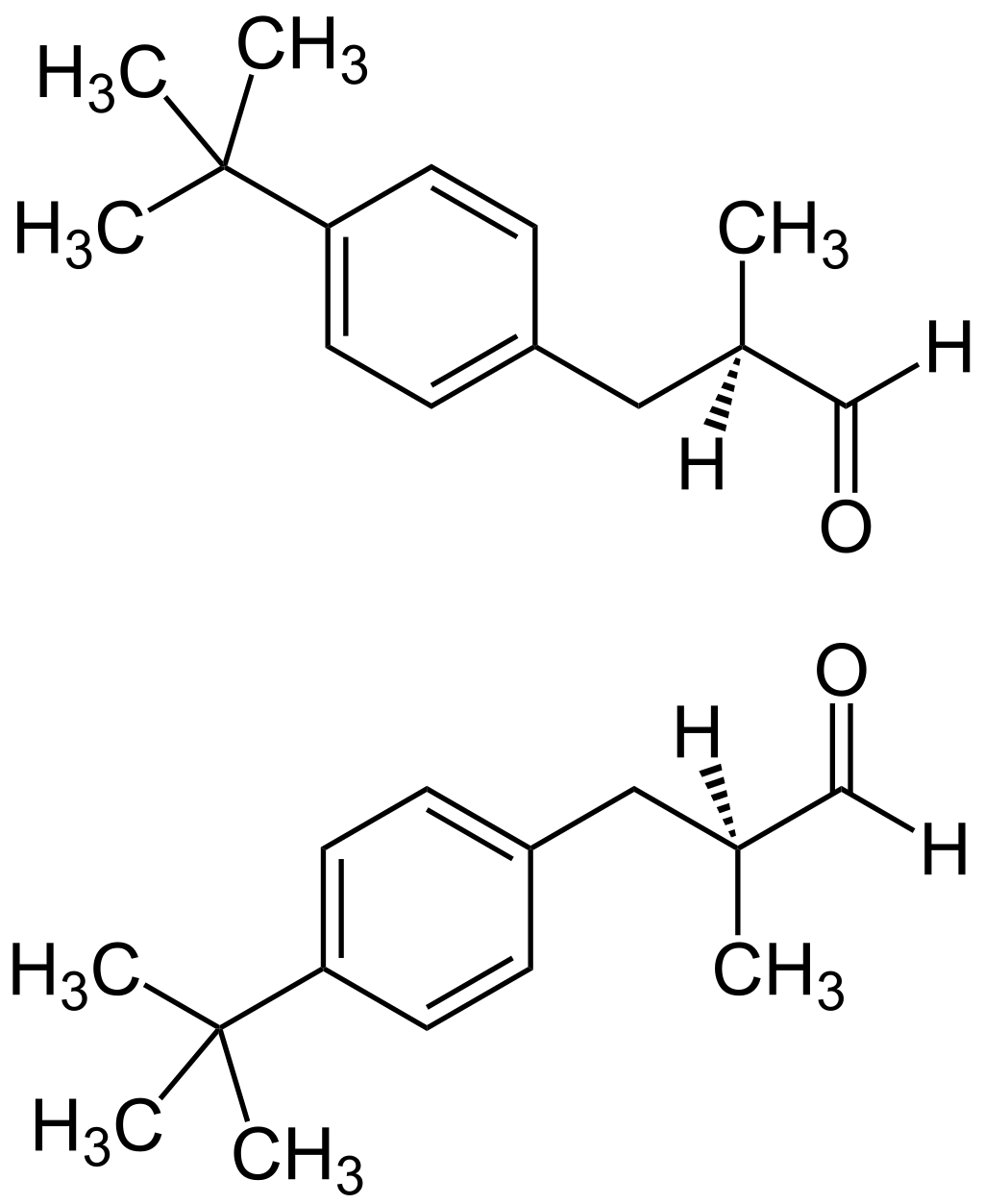 Strukturformel 1:1-Gemisch aus (R)-Form (oben) und (S)-Form (unten) von Butylphenyl Methylpropional (Lilial)