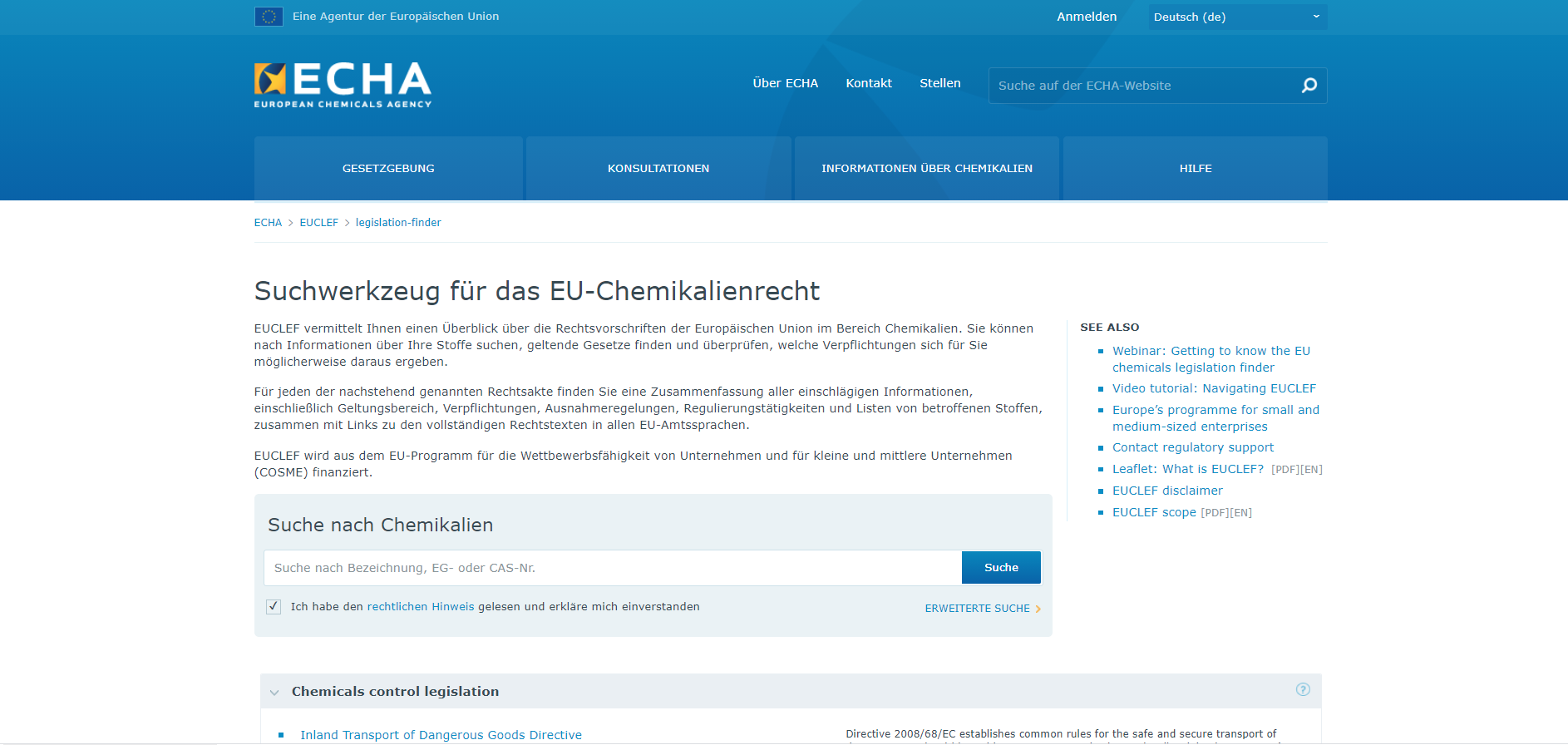 Screenshot des EUCLEF Datenbank der ECHA